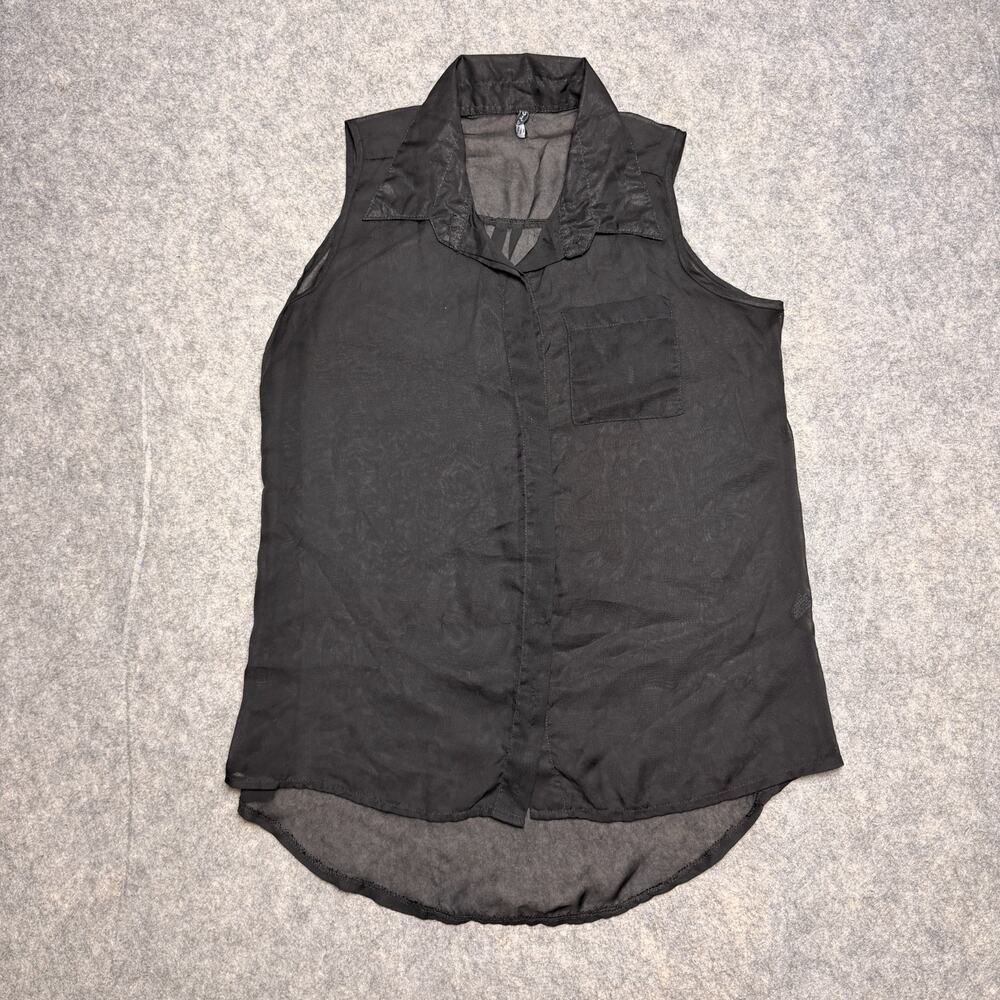 Aviva Vintage Black Sheer Sleeveless Button Front Blouse M Hi Lo Hem